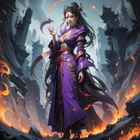 Chinese style, evil witch, god, queen, gorgeous clothes, purple black clothes, red hanfu, snake, standing on the top of the mountain, darkness, surrounded by flames, 32k --niji 5