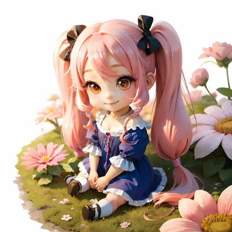 Cute chibi anime sitting on flowers, long pink hair with twin tails、Wear a blue mini dress, Smiling, Logo is cheap