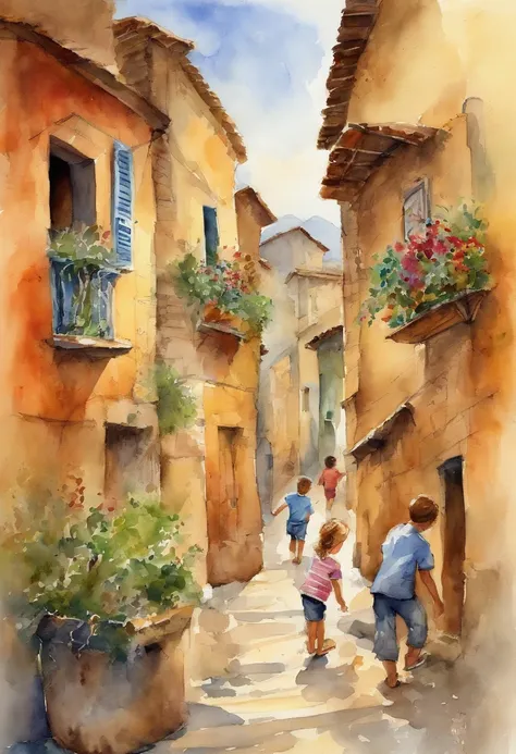 drawing children playing narrow street