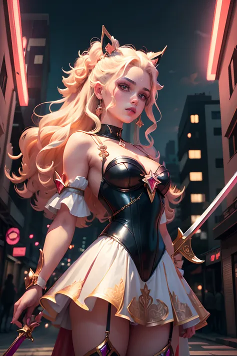 a magical girl blonde girl with curly hair, mahou shoujo, magic girl fashion editorial with red theme, white and gold clothes an...