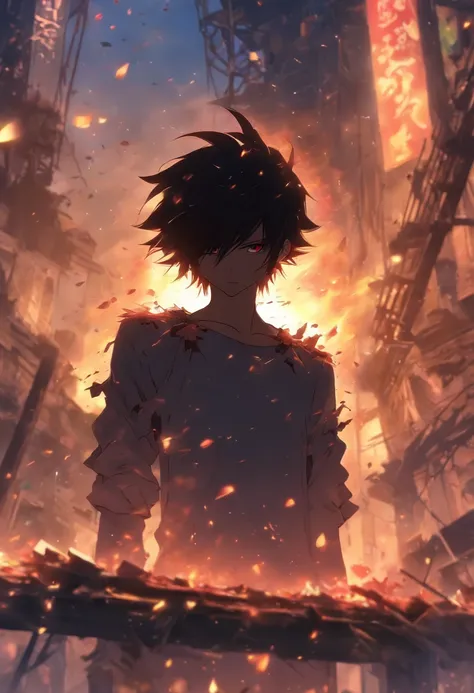 /Imagine Prompt: Slender young man standing in ruins, Although wearing tattered clothes、Looks calm and calm, Surrounded by rubble and broken buildings, Exudes a sense of devastation,  ,32K, Best Quality, masutepiece, Super Detail, high details, by makoto s...