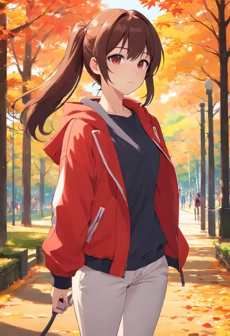 Girl walking in the park on an autumn day, hairstyle, two ponytails on the head and long bangs, hair color, black ,Eyes, Red, White Skin Skin, light yellow jacket, Long pants black red t-shirt, beauties black white height 195 breast size 1