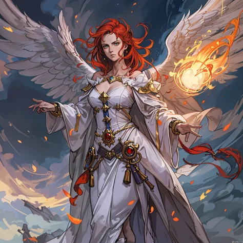 8k, ultra detailed, masterpiece, best quality, (extremely detailed), arafed, dnd art, panoramic view, full body, aasimar sorceress casting a flaming spell,  aasimar, female, (Masterpiece 1.3, intense details), female, sorceress, casting flaming spell (Mast...