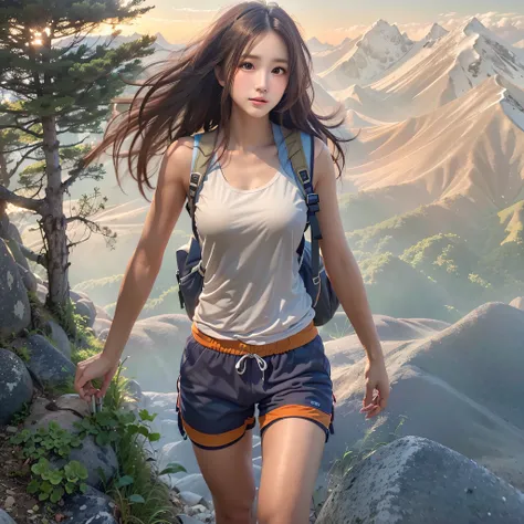 (Naturescape photography), (best quality), masterpiece:1.2, ultra high res, photorealistic:1.4, RAW photo, (Magnificent mountain, sea of clouds), (On a very high mountain peak), (sunset), (wideangle shot),  (Show cleavage:0.8),
(1girl), (Photo from the kne...