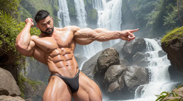 A Chinese bodybuilder，short detailed hair, Wear bright gold thong panties，Stand under the waterfall, Short beard perfect figure with tattoos, Very huge and strong body, Bulging muscles, musculous, Very large pectoral muscles，Very sexy abs，The legs are musc...