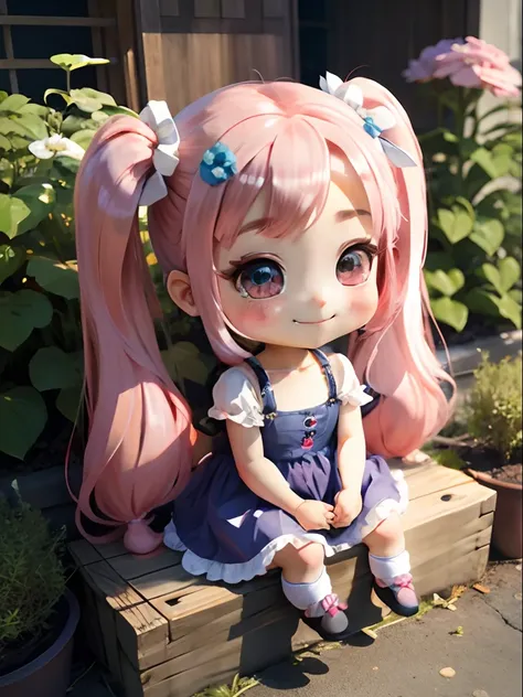 Cute chibi anime sitting on flowers, long pink hair with twin tails、Wear a blue mini dress, Smiling, Logo is cheap