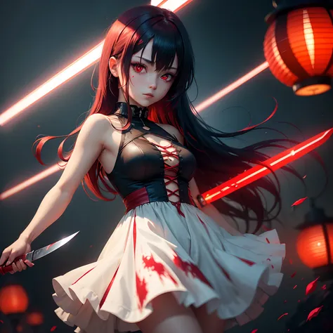 (High Detail 1.2) anime girl with a knife(dark otmosphere with a red beam of light) with a red lantern drenched in blood, with red eyes, short, disheveled dark green hair, in a blue and white dress