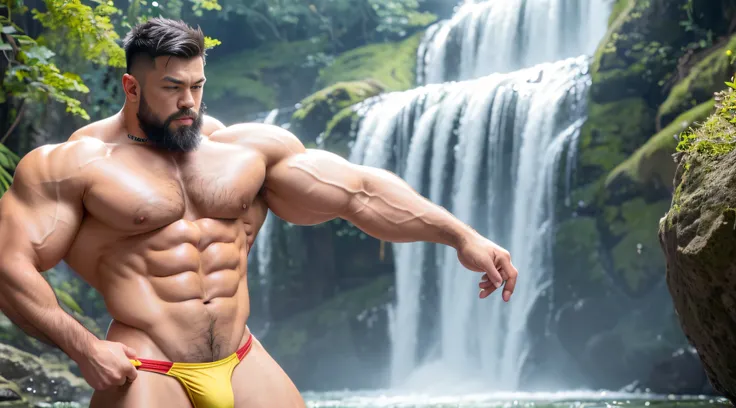 A Chinese bodybuilder，short detailed hair, Wear bright gold thong panties，Stand under the waterfall, Short beard perfect figure with tattoos, Very huge and strong body, Bulging muscles, musculous, Very large pectoral muscles，Very sexy abs，The legs are musc...