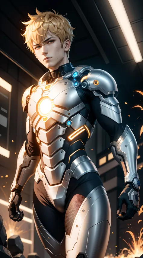 a half body of a person in cyborg mode, 1boy, anime character, Genos war mode, Genos from one punch man, shining eyes, combat pose, dinamic lighting, The body emits electric sparks, electrical particle, best anime 4k wallpaper, badass anime 8 k, 4 k manga ...