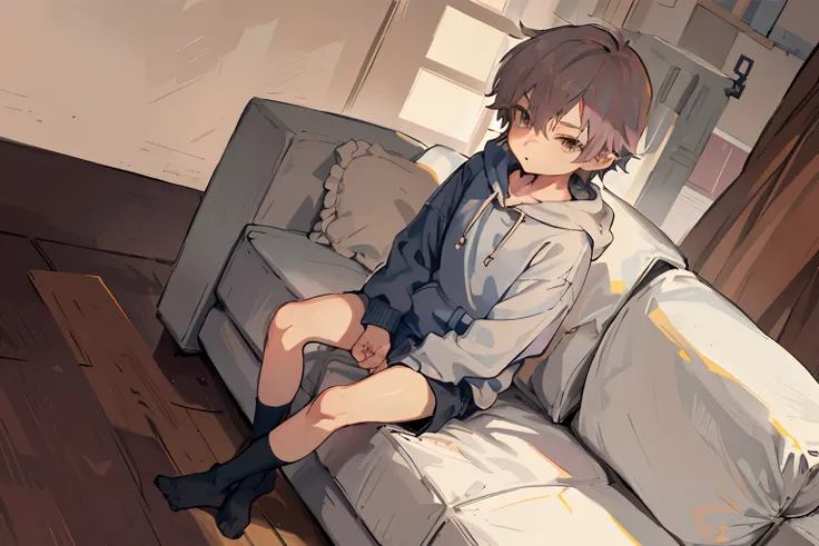 Six year old boy, short pale pink hair, The boy is sitting on the couch, short pants, sneakers, baseball cap,  (((oversized hoodie:1.2))), from side, (Skinny), Petite, flat chest, No chest, ((bare thighs:1.2)), doubtful look, (((child:1.4))), (((shota:1.4)...