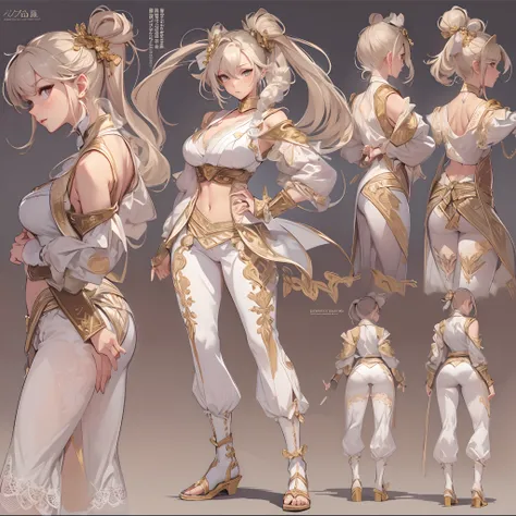 ((Masterpiece, Highest quality)), Detailed face, CharacterDesignSheet， full bodyesbian, Full of details, Multiple poses and expressions, Highly detailed, Depth, Many parts，Martial arts girl，double-ponytail，estilo fantasia，Extremely beautiful，High Balance, ...