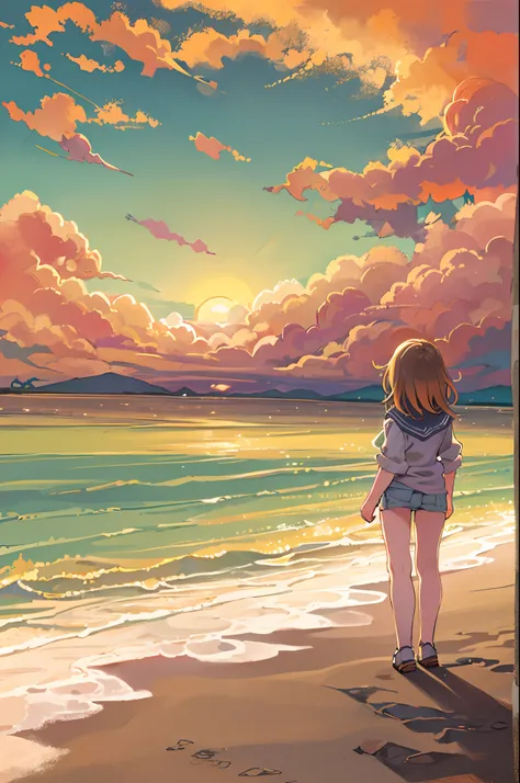 There is a girl standing on the beach looking up at the sky, Girl Standing On The Beach, Girl Walking On The Beach, Lost in Dreamy Wonderland, Standing On sand beach, Awesome digital painting,Sunset、From below、Very Wide Shot、Long shot