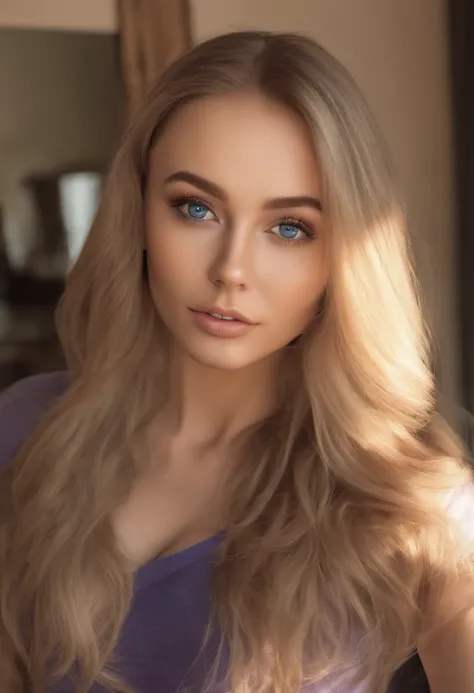 arafed woman fully , sexy girl with blue eyes, ultra realistic, meticulously detailed, portrait sophie mudd, blonde hair and large eyes, selfie of a young woman, bedroom eyes, violet myers, without makeup, natural makeup, looking directly at the camera, fa...