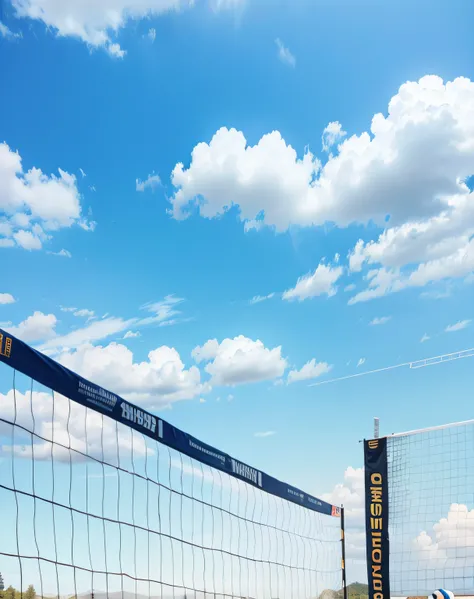 a painting of a volleyball net on a sunny day wjth blue sky