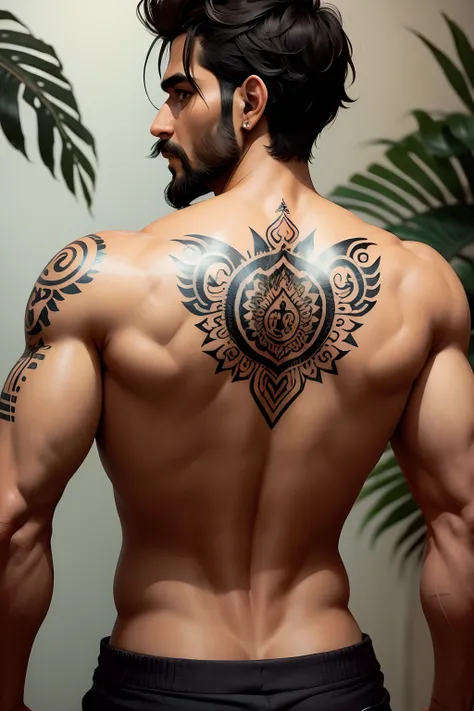 Indian man, fit, 28 years old, short and thin beard, shirtless, with a tattoo of the god Ganesha on his back, from behind, looking back, realistic comic