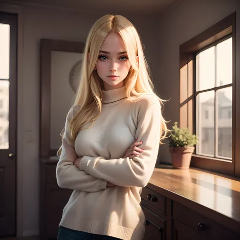 Realistic human Blonde girl posing a for Instagram photo