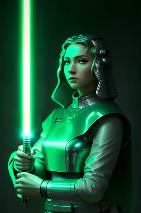 uma mulher em um vestido branco segurando um sabre de luz verde, Jedi Feminino, sabre de luz verde, Jedi, blonde female jedi, Jedi com sabre de luz, com espada de sabre de luz, sem sabre de luz, com sabre de luz, Personagem de Star Wars, rei, segurando um ...