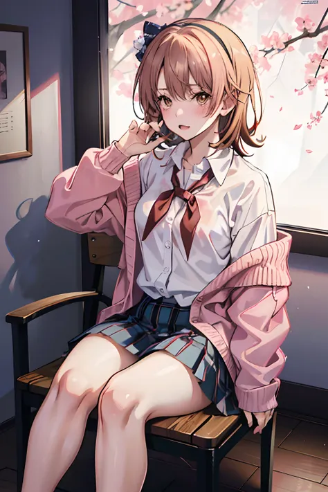 NSFW,show off nipple,Sit in a chair,iroha isshiki,School uniform,short brown hair,Bruises,plaid skirts,PINK SHIRT,masutepiece,Top image quality