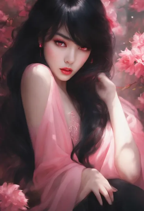 Girl with black hair at the tips, red, pink eyes in her mouth, banbook, fair skin in pink kimenoma