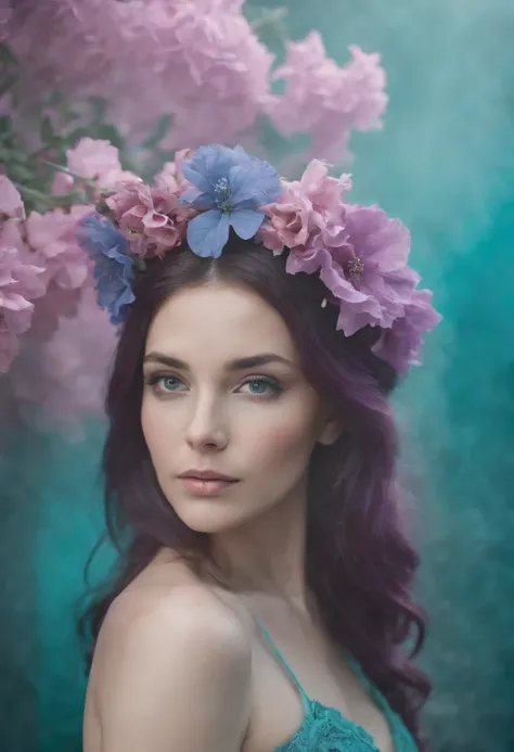 beautiful woman in purple smoke with flowers in her hair, in the style of dark turquoise and light pink, national geographic photo, odd juxtapositions, flickr, matte photo, (close-up)