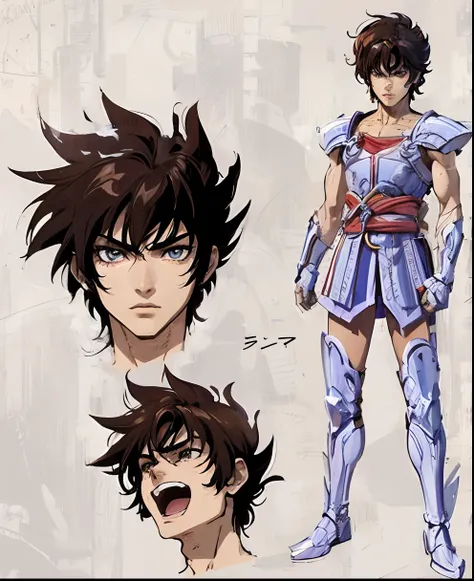 designer de personagens, contorno de personagem, jovem 16 anos, forte, corajoso, alegre, tipo de anime, tipo saint seiya