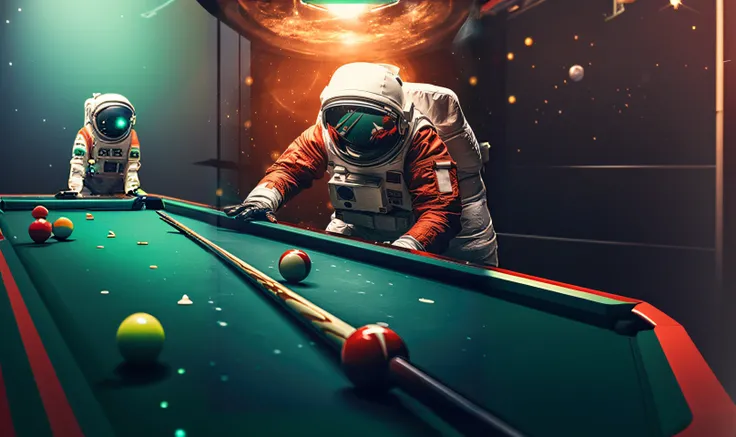 Astronauts in spacesuits playing billiards with red balls on the Mars space station, beeple style, in the style of beeple, Inspired by Beeple, beeple masterpiece, Beeple e Tim Hildebrandt, beeple and greg rutkowski, style hybrid mix of beeple, beeple. hype...