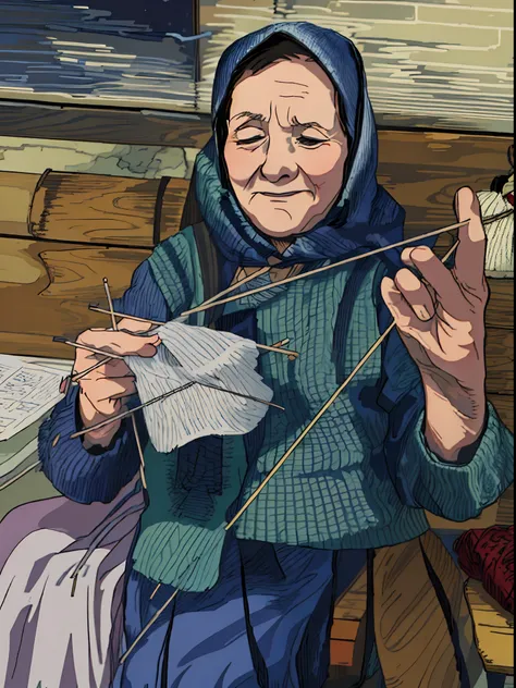 an old woman sitting on a bench with a bunch of needles, there is a woman sitting at a table and knitting with needles, knitting older woman, knitting old lady, old woman, anime line art, anime style