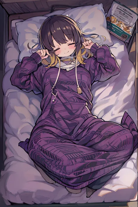 masutepiece, Best Quality, 1 girl, Solo, effect, Dark background, Sleeping in bed with a happy face