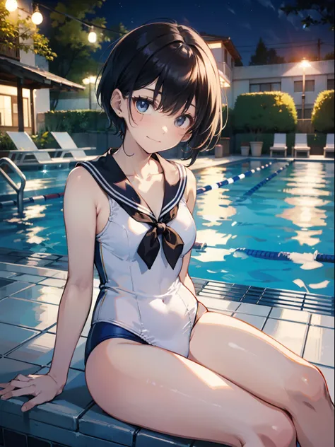 top-quality、Full limbs、complete fingers、Slender beauty、One、ssmile、embarassed expression、White Sailor School Swimsuit、Bery short hair、straighten your legs、Night Pool