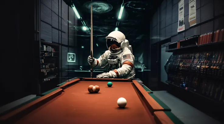 Arafeld astronauts play billiards with a club in a dark space room, Astronaut, beeple style, Billiard room, Beeple e Tim Hildebrandt, Billiard room, fully space suited, Inspired by Beeple, beeple daily art, beeple. hyper photorealism, inspired by Scott Lis...