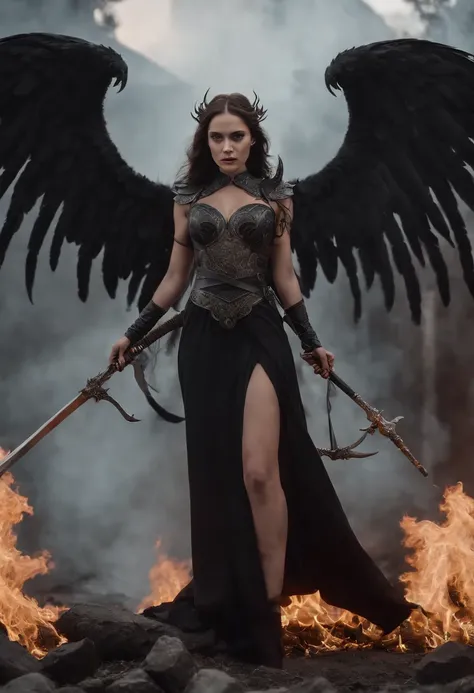 (masterpiece, 8K, UHD, photo-realistic:1.3), Deaths Angel, (glistening ebony wings:1.4), towering, holding a (sleek scythe:1.2) in grip, cold steel, reflecting flames, standing atop, (mound of skulls:1.3), empty eye sockets, whispers of past souls, fiery b...