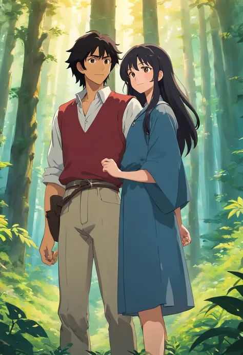 the anime, (Best Quality,Ultra-detailed,Realistic:1.37), tall, slim guy, Long luxurious black hair, Bright Golden Eyes, standing next to a tall, slender guy, rose hair, brown eye, Folded arms, ssmile, There is a dense forest behind you