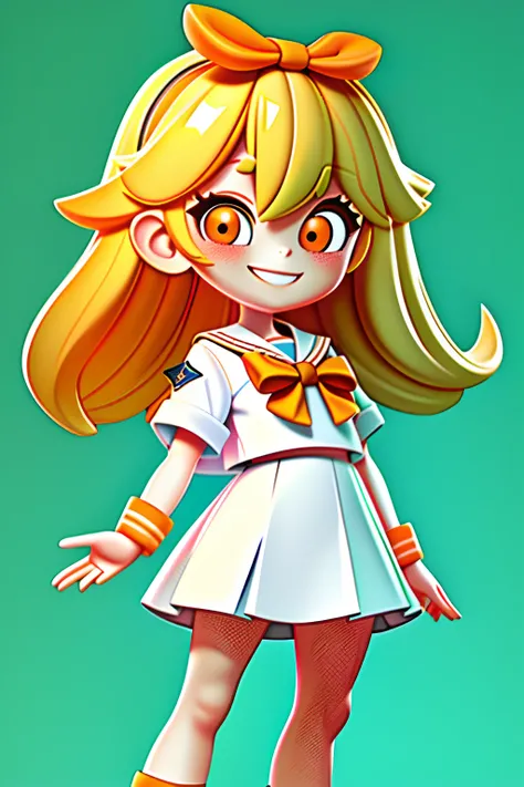 Create a blonde hair girl Q version wearing sailor suit with orange eyes smile