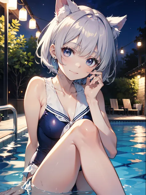 top-quality、Full limbs、complete fingers、Slender beauty、One、ssmile、embarassed expression、White Sailor School Swimsuit、Bery short hair、straighten your legs、Night Pool