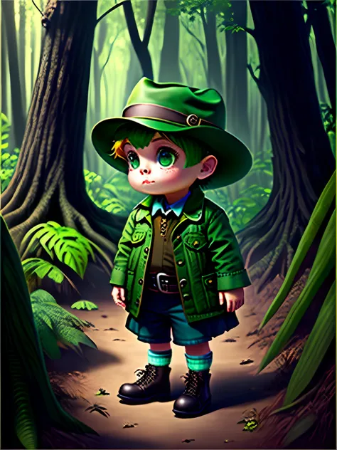 Alligator child character for ebook wearing detective hat in forest