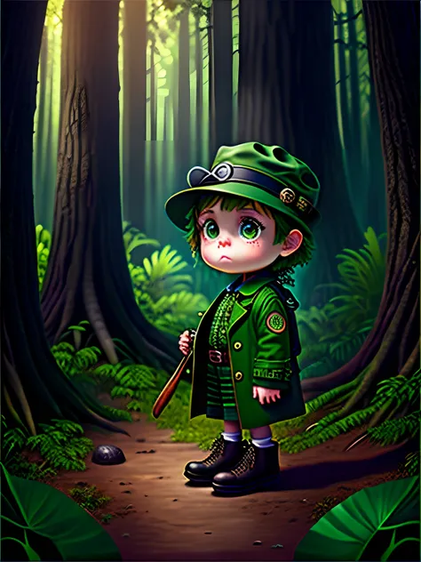 Alligator child character for ebook wearing detective hat in forest