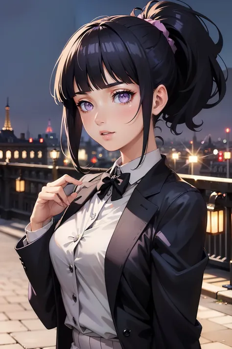 (((Masterpiece))), a top influencer woman, top quality, super detailed, cute and playful, classic blazer dress, long curly dark blue hair in high ponytail, blunt bangs, purple eyes, Paris city background