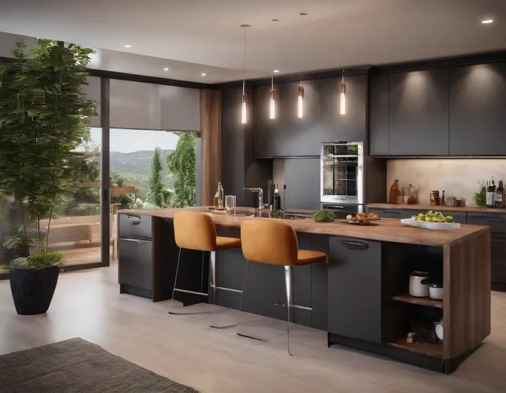 4k, ultra realistic, modern kitchen，Gorgeous renovation，Refrigerator，cupboard，Wide scene，in a panoramic view，from outside, UHD, high details