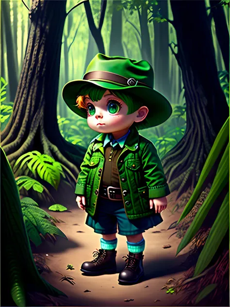 Alligator child character for ebook wearing detective hat in 8k forest