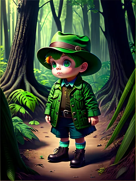 Alligator child character for ebook wearing detective hat in 8k forest