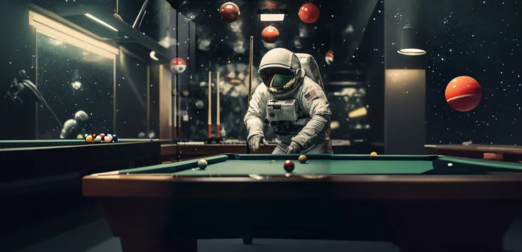 Astronauts in spacesuits，Play billiards with red balls and clubs, Astronaut, American astronauts, Astronaut helmet, beeple style, astronaut in space, Inspired by Beeple, Beeple e Tim Hildebrandt, swimming in space, fully space suited, portrait shooting, in...