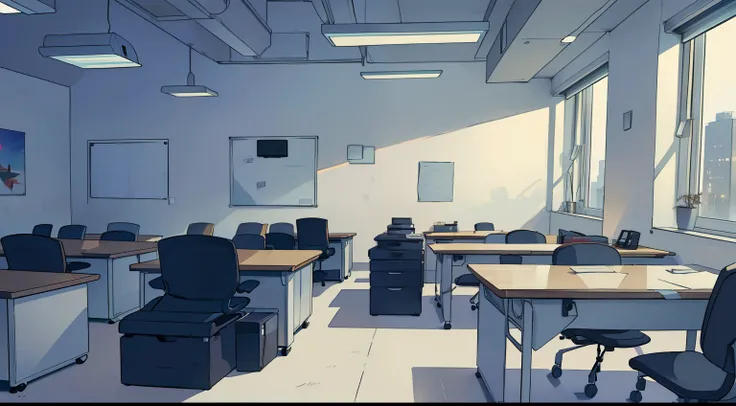 Top quality，tmasterpiece，hyper HD，Front view，office room，NOhumans，Lots of desks，papers，printer