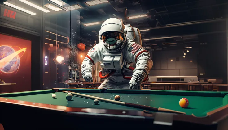 Astronaut in spacesuit playing billiards with clubs in a dark room, beeple style, Beeple e Tim Hildebrandt, in the style of beeple, Inspired by Beeple, 3 d render beeple, beeple daily art, beeple. hyper photorealism, beeple |, Realism | beeple, Astronaut