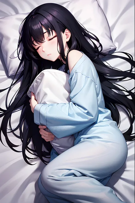 1 girl, pajamas outfit, long black hair, closed eyes, sleeping while hugging pillow, laying on the bed, beautiful, pale skin, perfect body figure, cute