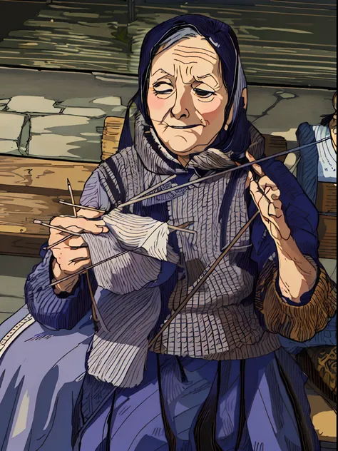 an old woman sitting on a bench with a bunch of needles, there is a woman sitting at a table and knitting with needles, knitting older woman, knitting old lady, old woman, anime line art, anime style