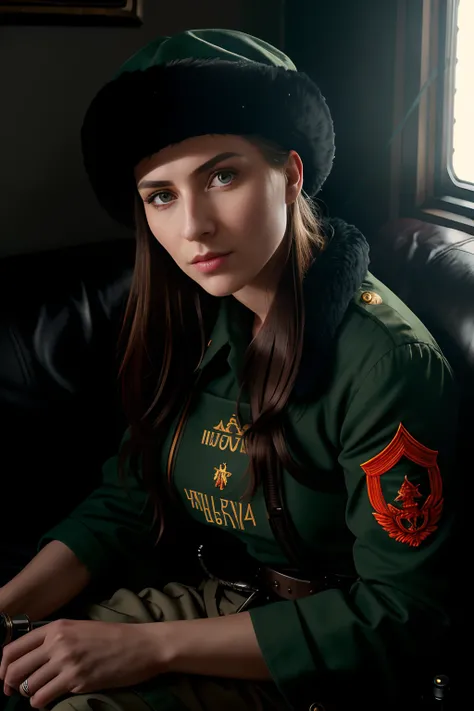 postapocalypse, High detail RAW color Photo, closeup shot, of (rebellious Polish woman, wearing Slavic attire, military Cossack Ushanka), (sitting on couch in (Atompunk) soviet union living room), (Cyrillic tattoos), (elegant, beautiful face), (retrofuturi...