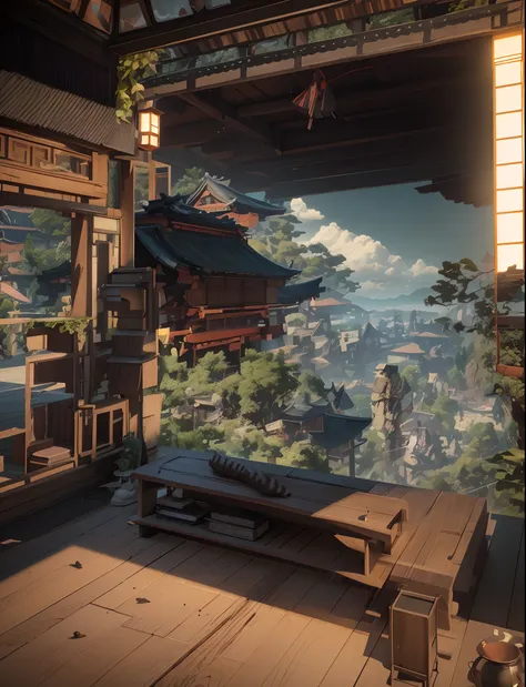 there is a picture of a room with a mural on the wall, cyberpunk japanese temple, zen temple background, japonisme 3 d 8 k ultra detailed, rendered in rtx, inspired by Kanō Mitsunobu, rendered in unreal 5, japanese house, akihiko yoshida. unreal engine, ja...