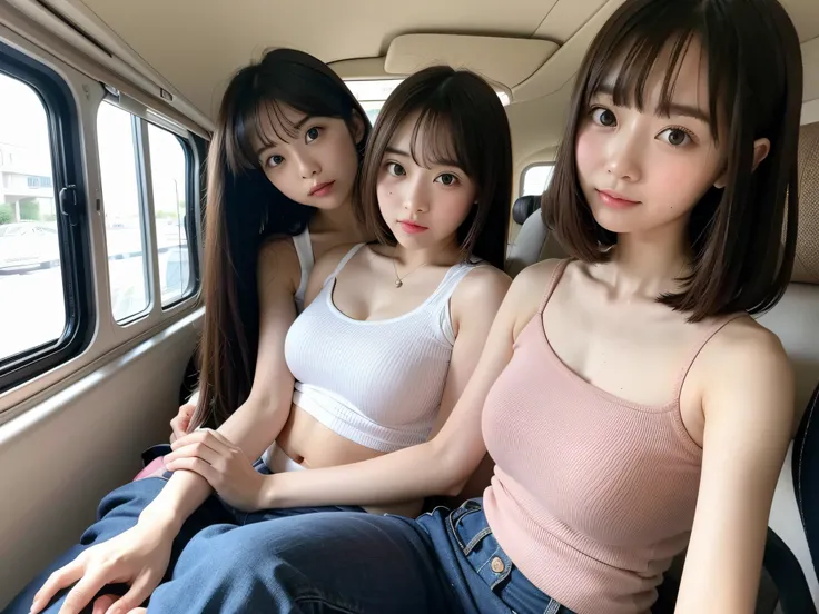 high-level image quality、realphoto、Cute little girl s、Sitting in a seat on the bus、Chest chiller、You can see all the way to your stomach、 large boob、very large and open chest,,,,、japanes、13years、Gravure Pose、off shoulders、No bra、Deep Down Blouse、oversize t...