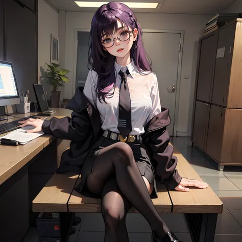 (masterpiece), best quality, expressive eyes, a perfect face, 1girl, solo, purple hair, brown eyes, office clothes, white  shirt...