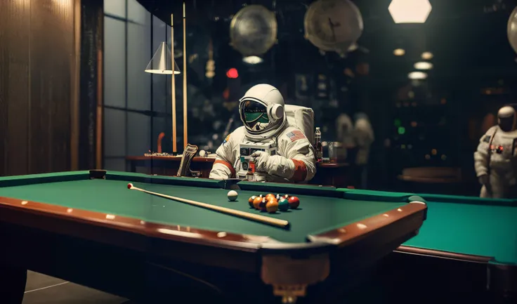 Arafeld astronaut in a spacesuit playing billiards with a pool cue in a dark bar, Astronaut, fully space suited, lonely astronaut, wear spacesuits, astronauts and space colonies, Beeple e Tim Hildebrandt, an astronaut relaxing in space, The astronaut, spac...